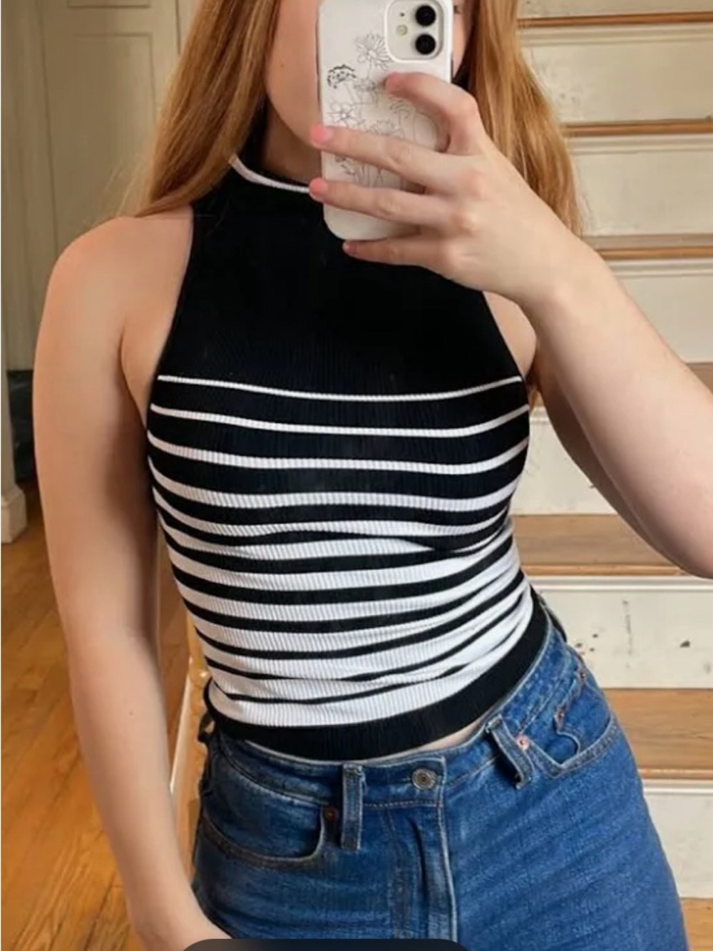 Striped Black & White Ribbed Halter Tank Top